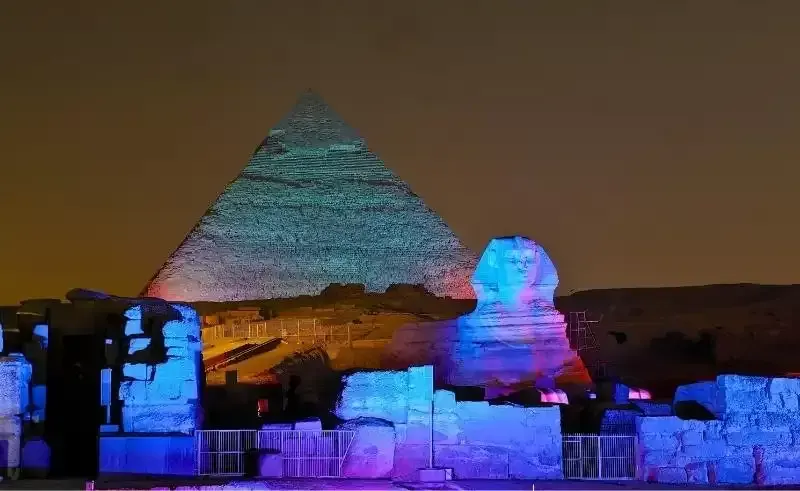 Enjoy watching the great Pyramids sound and light show. Find out the history of Ancient Egypt, and the story of the Sphinx, guardian of the Giza Necropolis, up 5000 years.